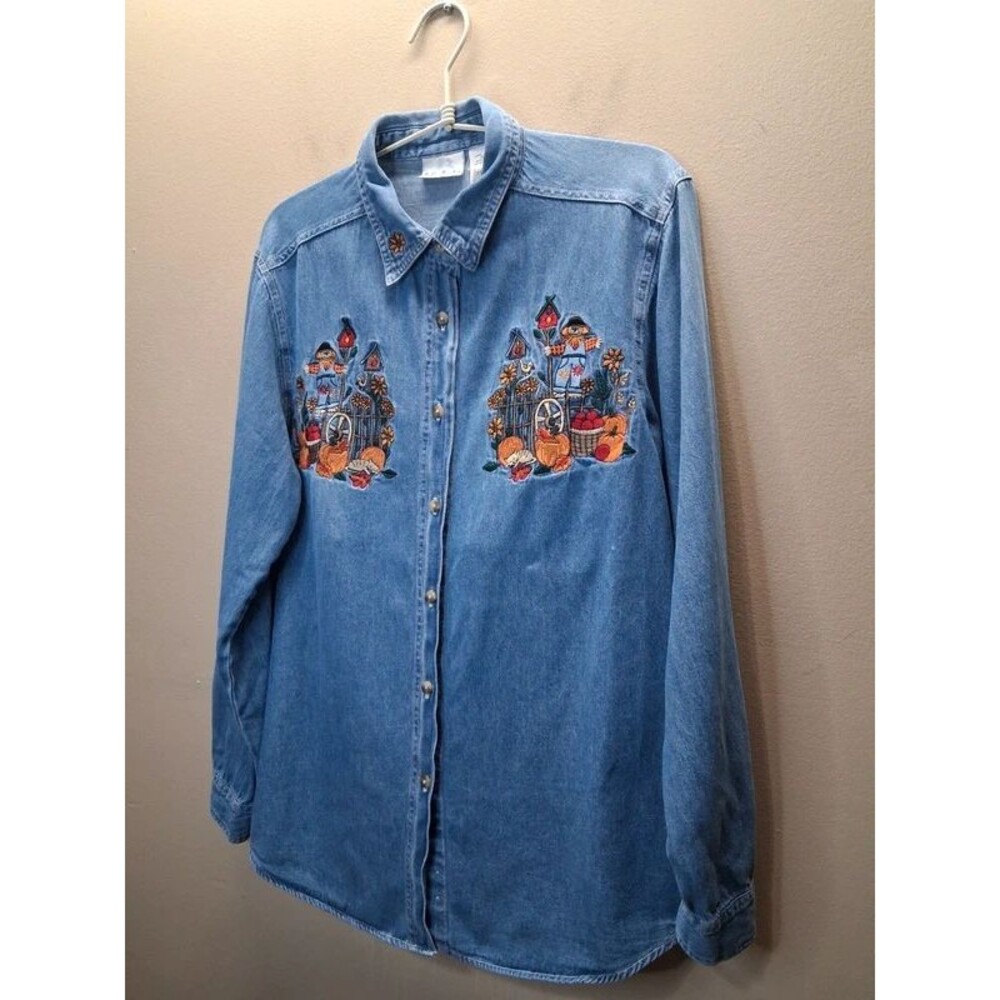 Vintage Bobbie Brooks Embroidered Fall Denim Shirt Small Scarecrow Pumpkin Apple